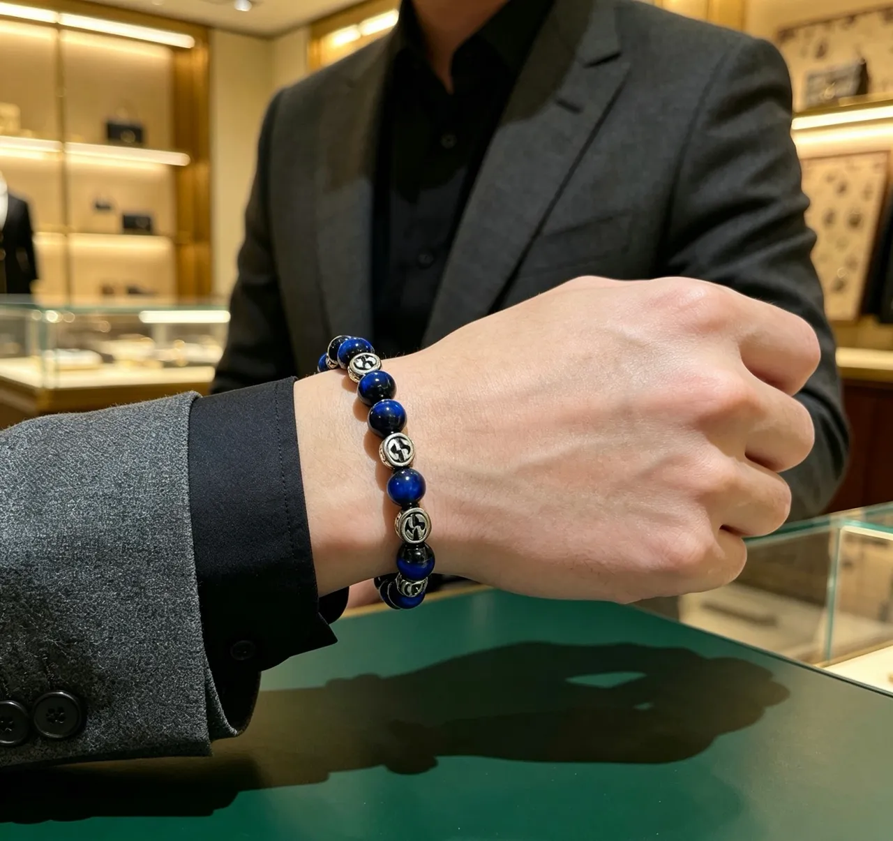 Gucci Blue Silver Beaded Interlocking G Logo Bracelet