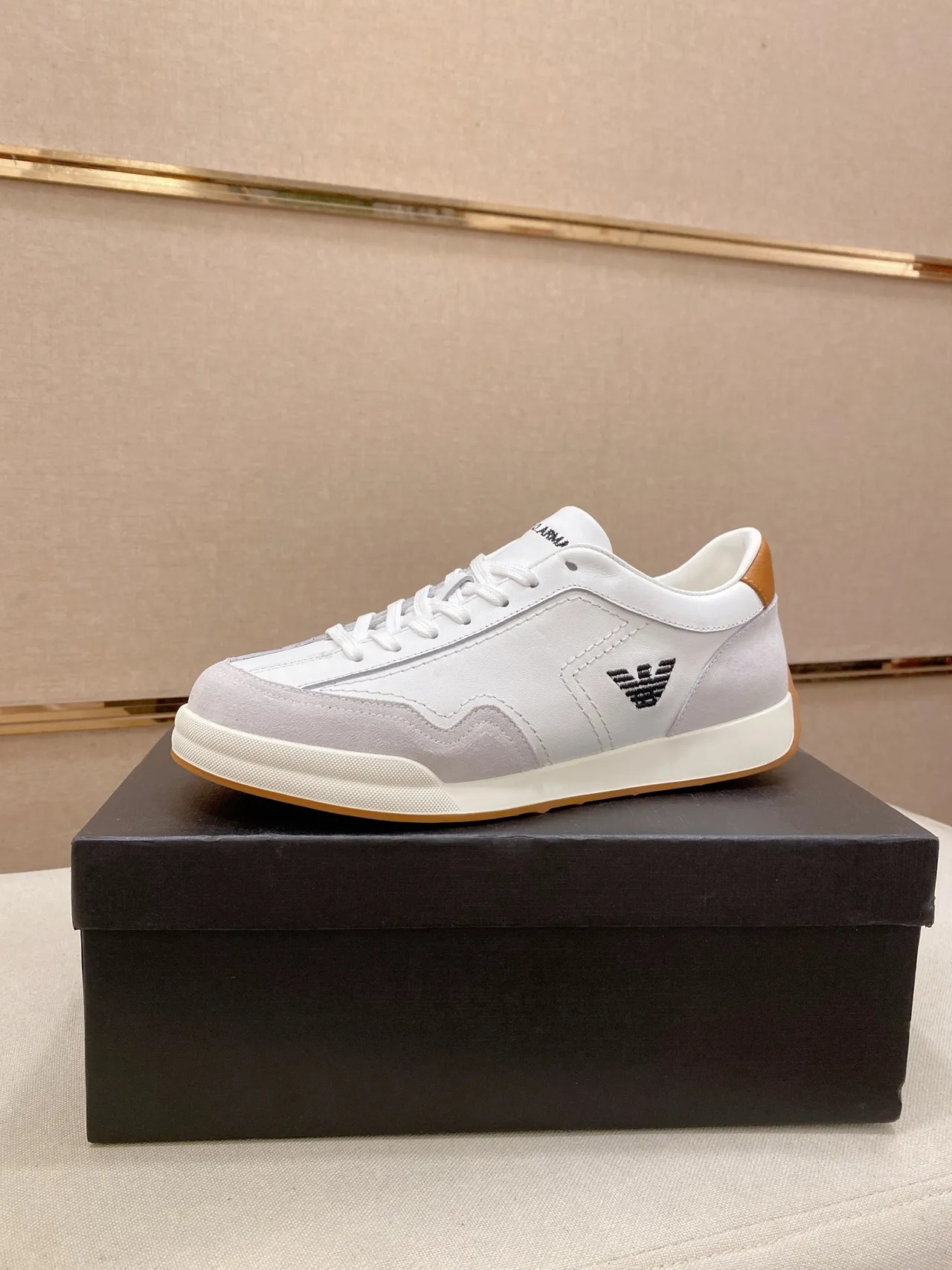 Emporio Armani White Gray Low-Top Leather-Suede Panelled Sneakers