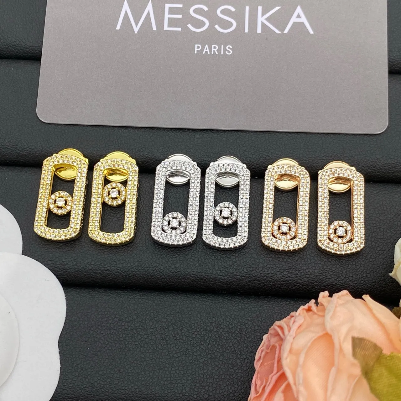 Messika Gold Silver Rectangular Frame Pavé Diamond Halo Earrings