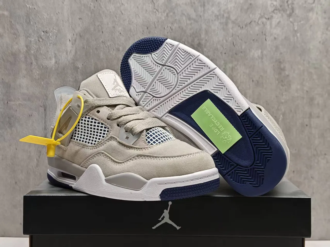Air Jordan 4 Beige Navy Yellow Basketball Shoes