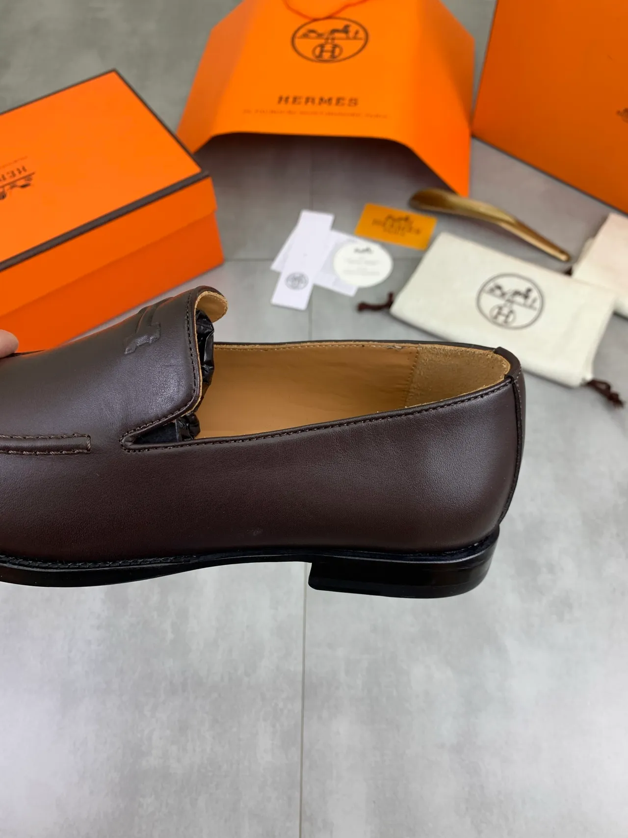 Hermès Oran Brown Leather H-Logo Loafers