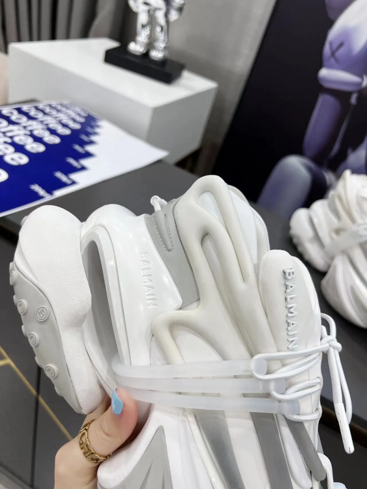 Balmain White Gray Sculpted Sole Asymmetrical Lacing Chunky Sneakers
