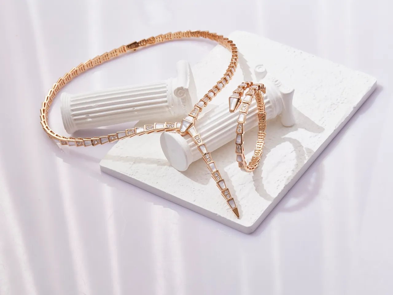 Bvlgari Serpenti Coiled Gold-Tone Mother-of-Pearl and Crystal Bracelet