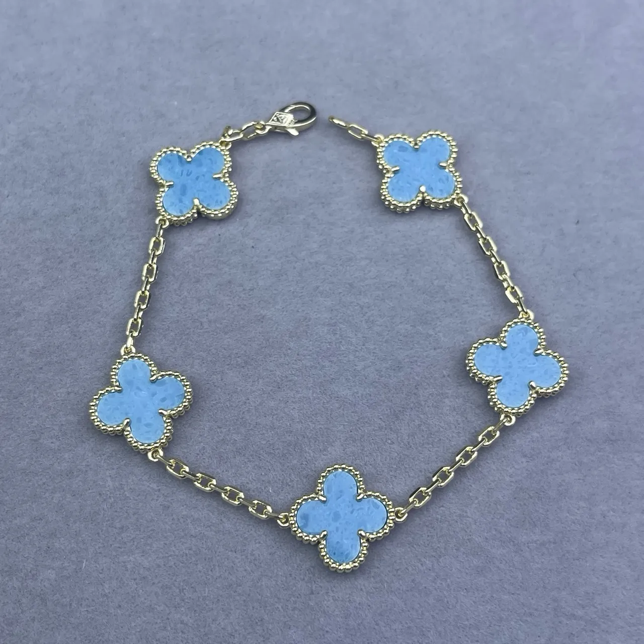 Blue Gold Chain Five Clover-Shaped Enamel Charms Bracelet