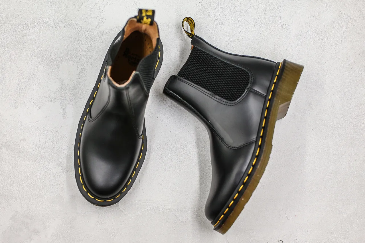 Dr. Martens Black Yellow Smooth Leather Elastic Side Gussets Chelsea Boots