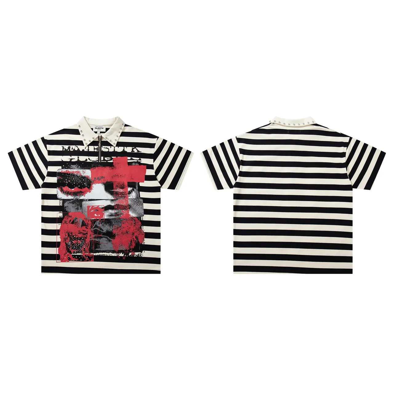 MAJESTIK Striped Graphic-Print Studded Collar Zip-Front Polo Shirt