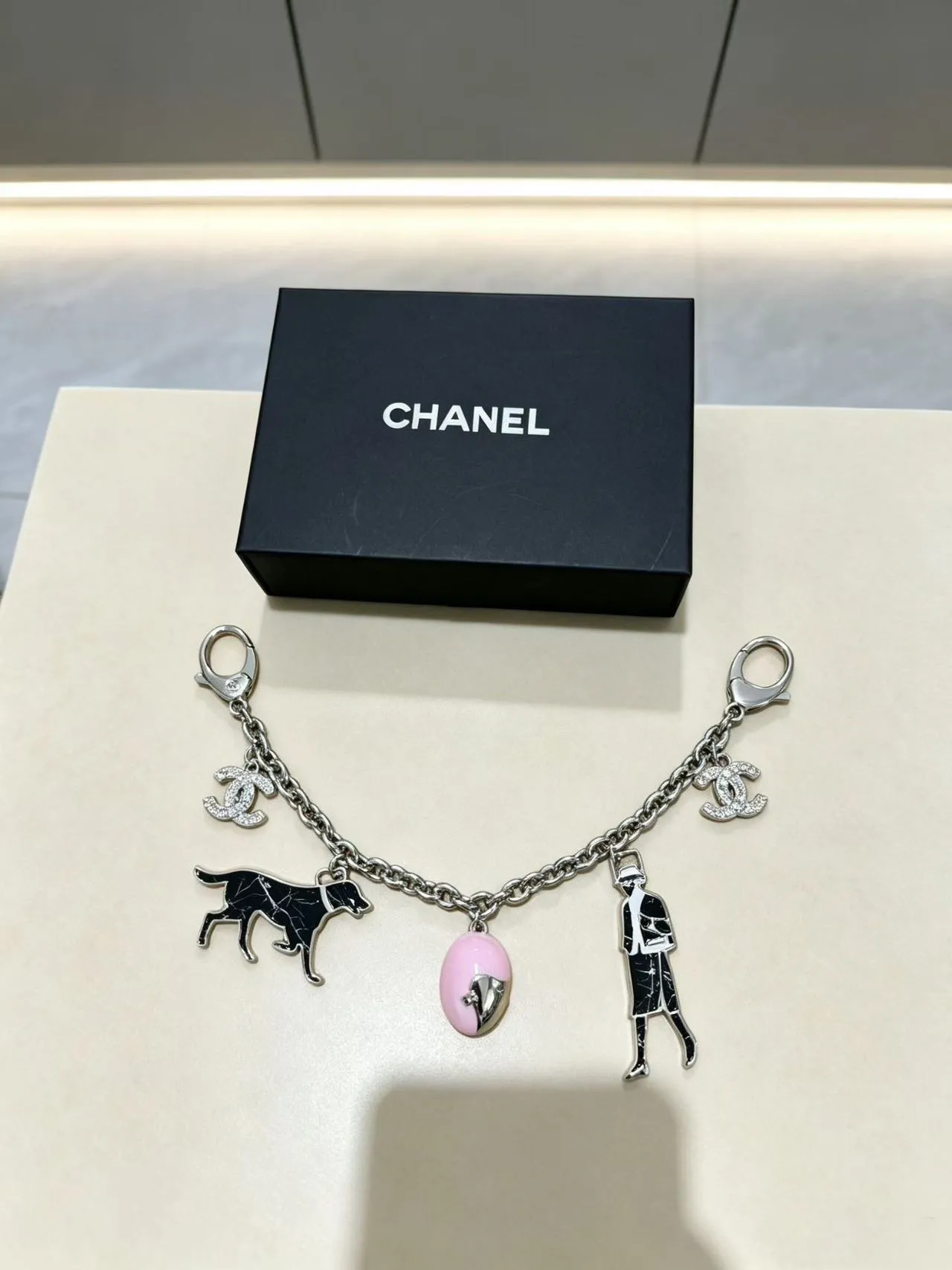 Chanel Charms Bag Charm Set Gold Tone Black White Pink Enamel Bracelets