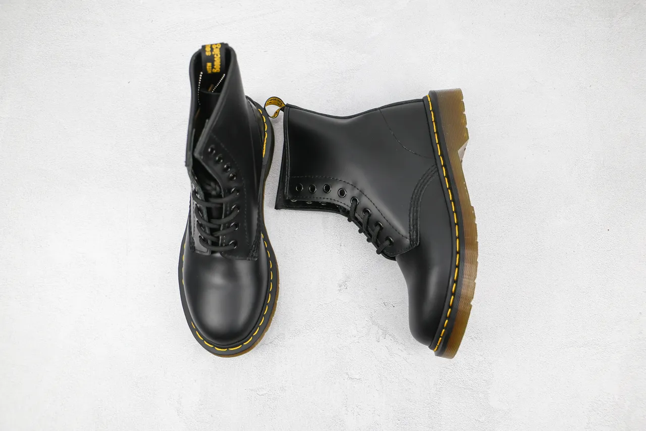 Dr. Martens 1460 Black Smooth Leather Yellow Stitch Martin Boots