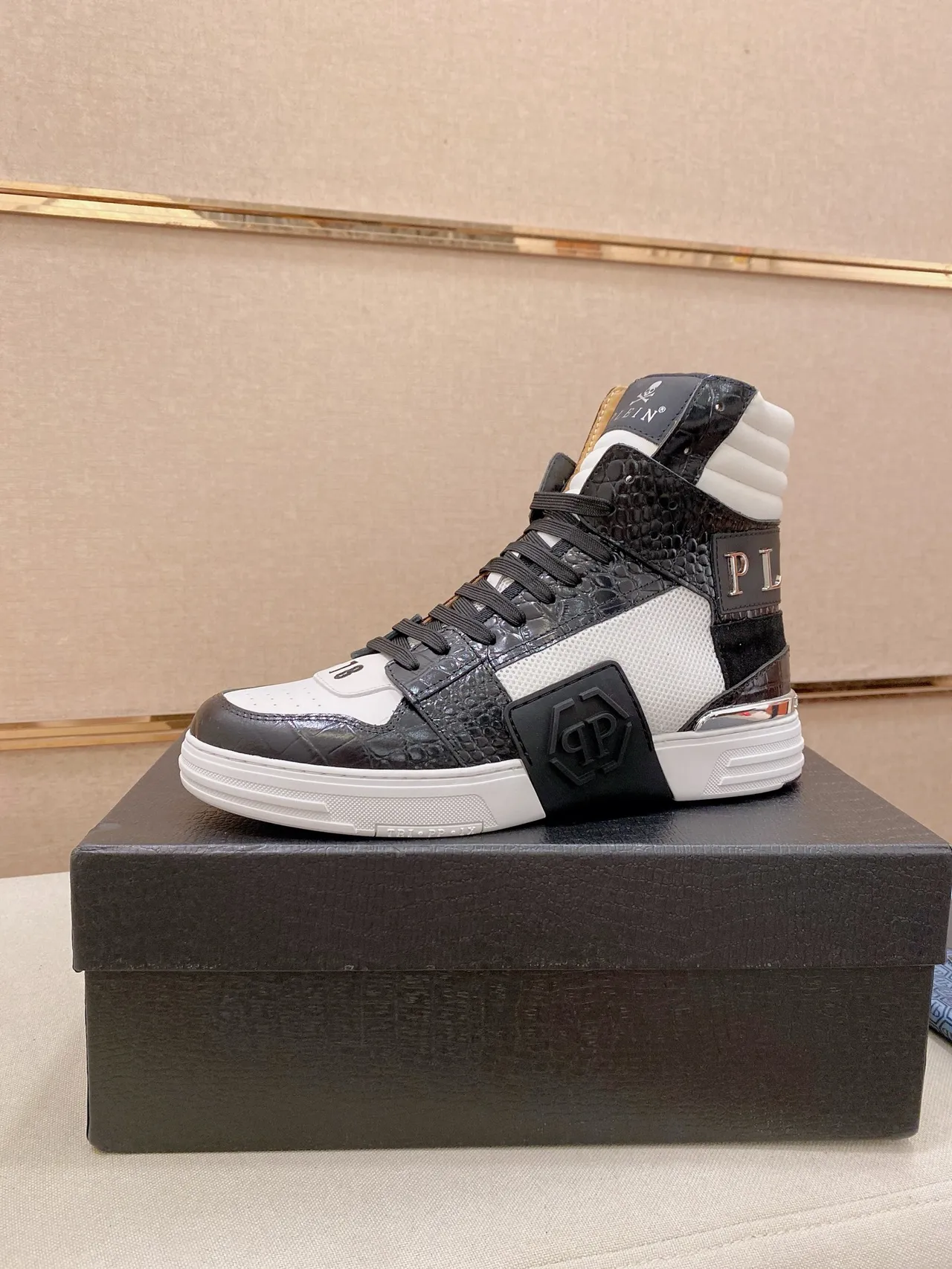Philipp Plein Black White High-Top Crocodile-Embossed Leather Sneakers