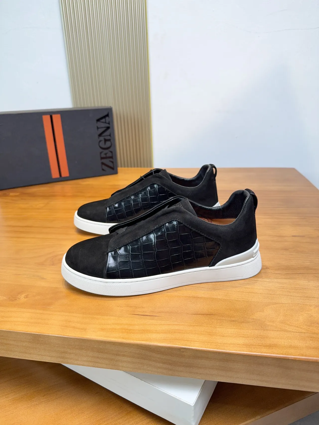 Zegna Black Suede and Croc-Embossed Leather Slip-On Lifestyle Sneakers