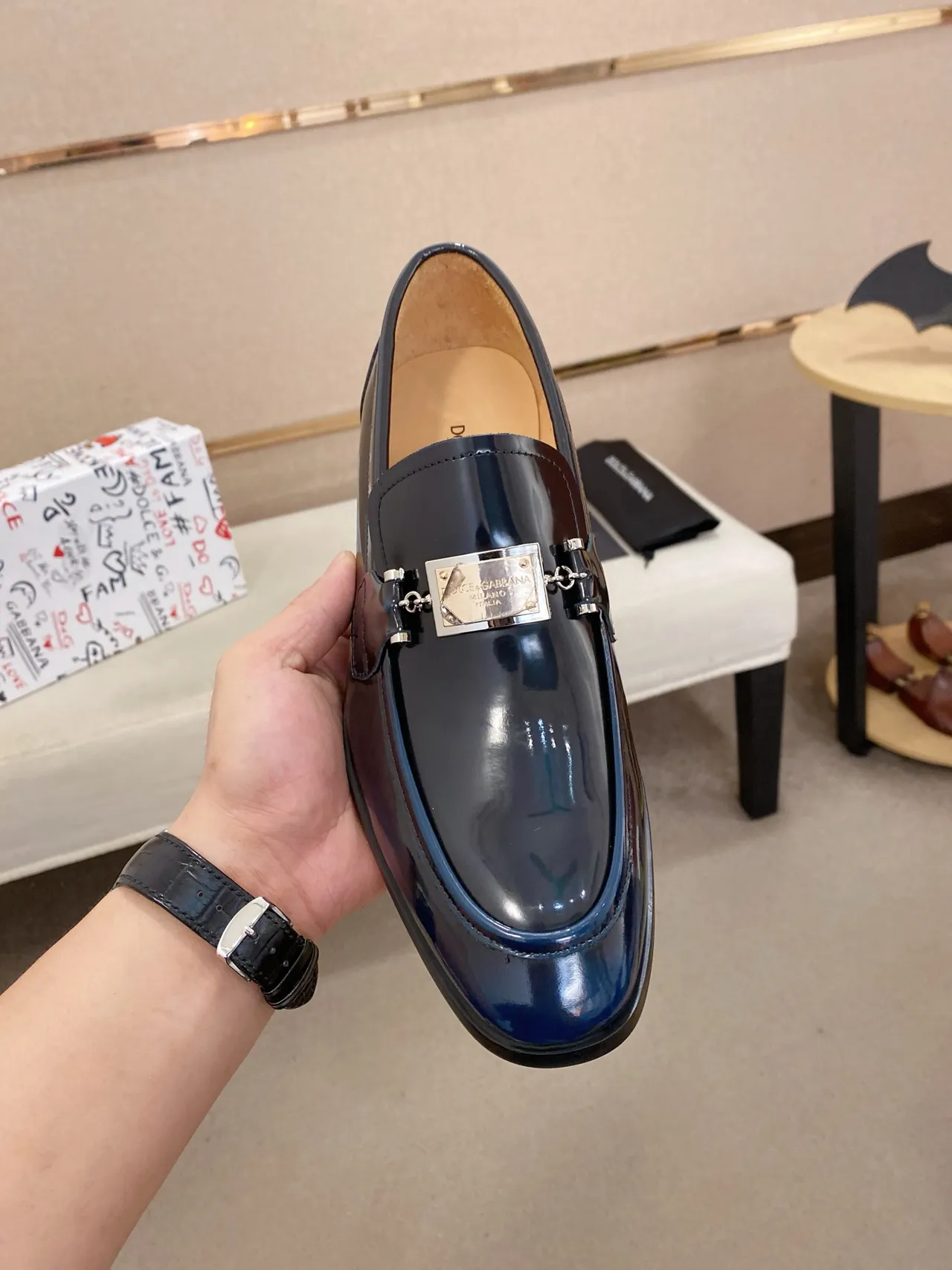 Dolce & Gabbana Navy Gold Patent Leather Metal Horsebit Ornament Loafer