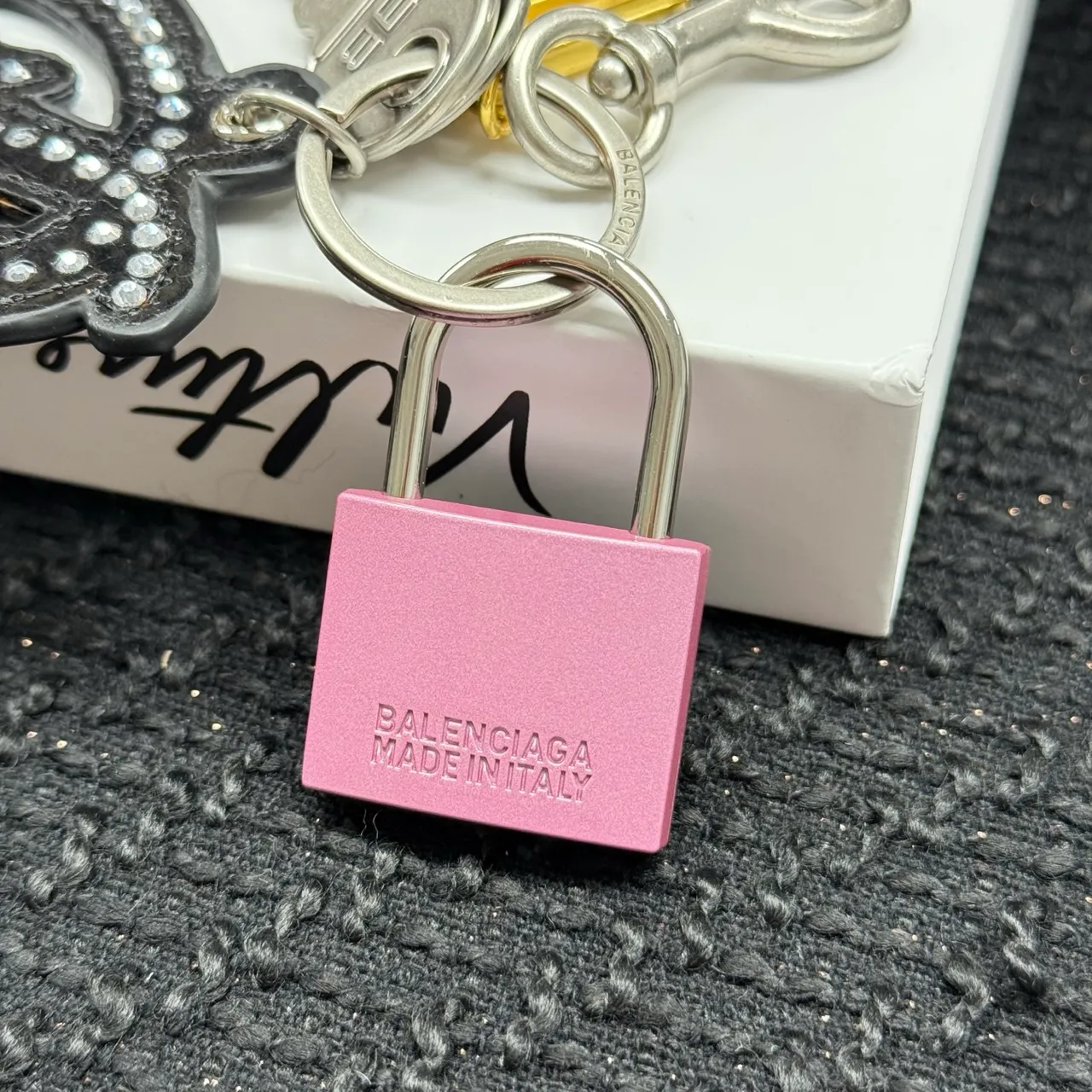 Balenciaga Silver Pink Crystal-Embellished Logo-Charm Jewelry