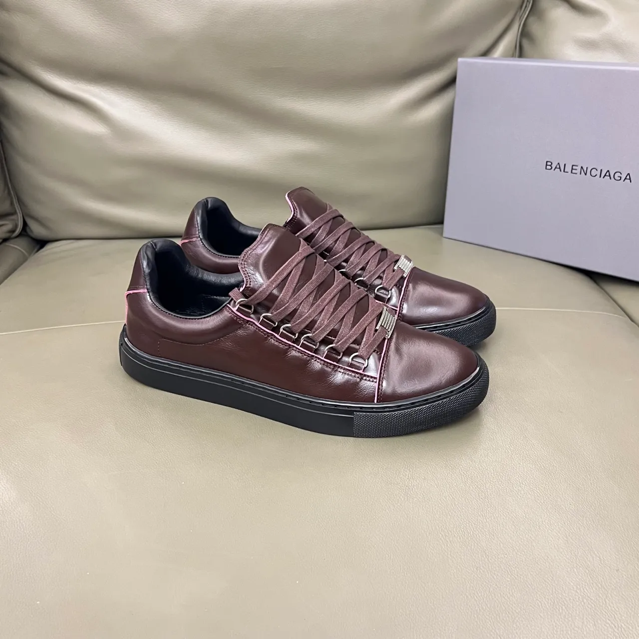 Balenciaga Brown Pink Leather Upper Contrast Piping Lifestyle Sneakers