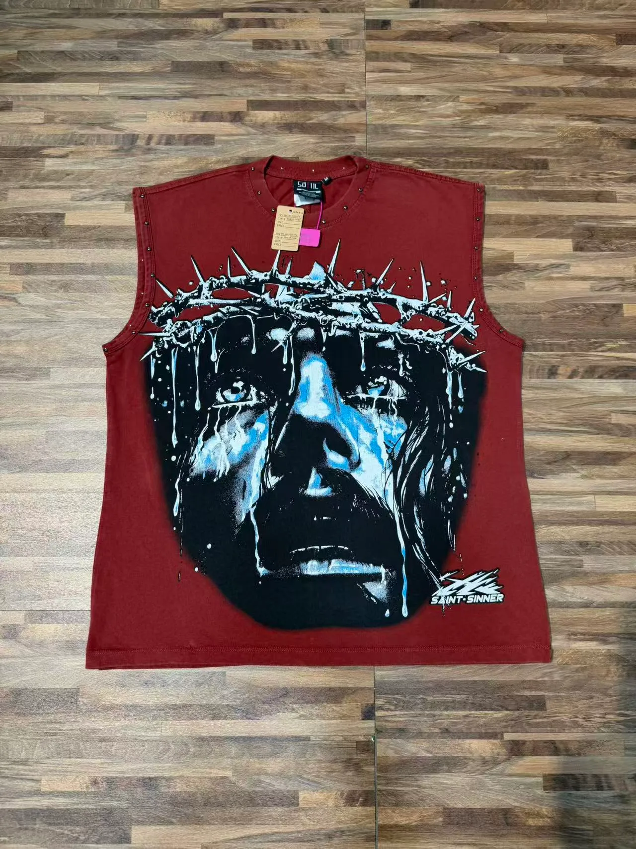 SAINT-SINNER Burgundy Black Graphic-Print Studded Shoulders Vest Top