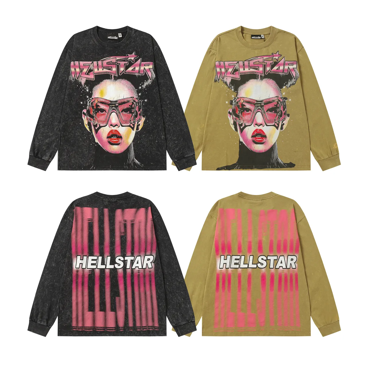 Hellstar Graphic-Print Acid-Wash Long-Sleeve T-Shirt