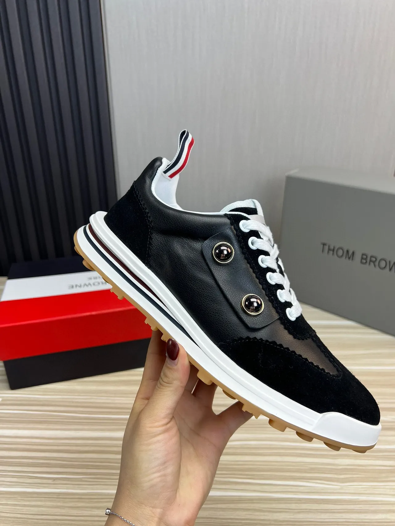 Thom Browne Button Strap Black Suede and Leather Lifestyle Sneaker