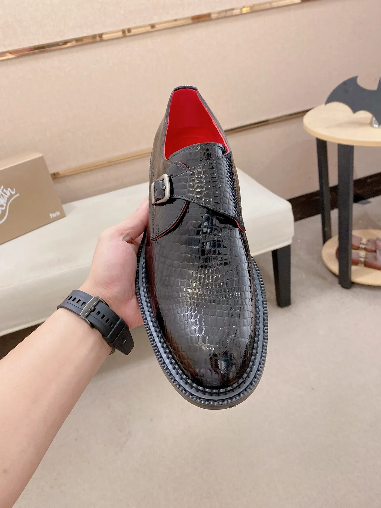 Black Croc-Embossed Single-Buckle Monk Shoe