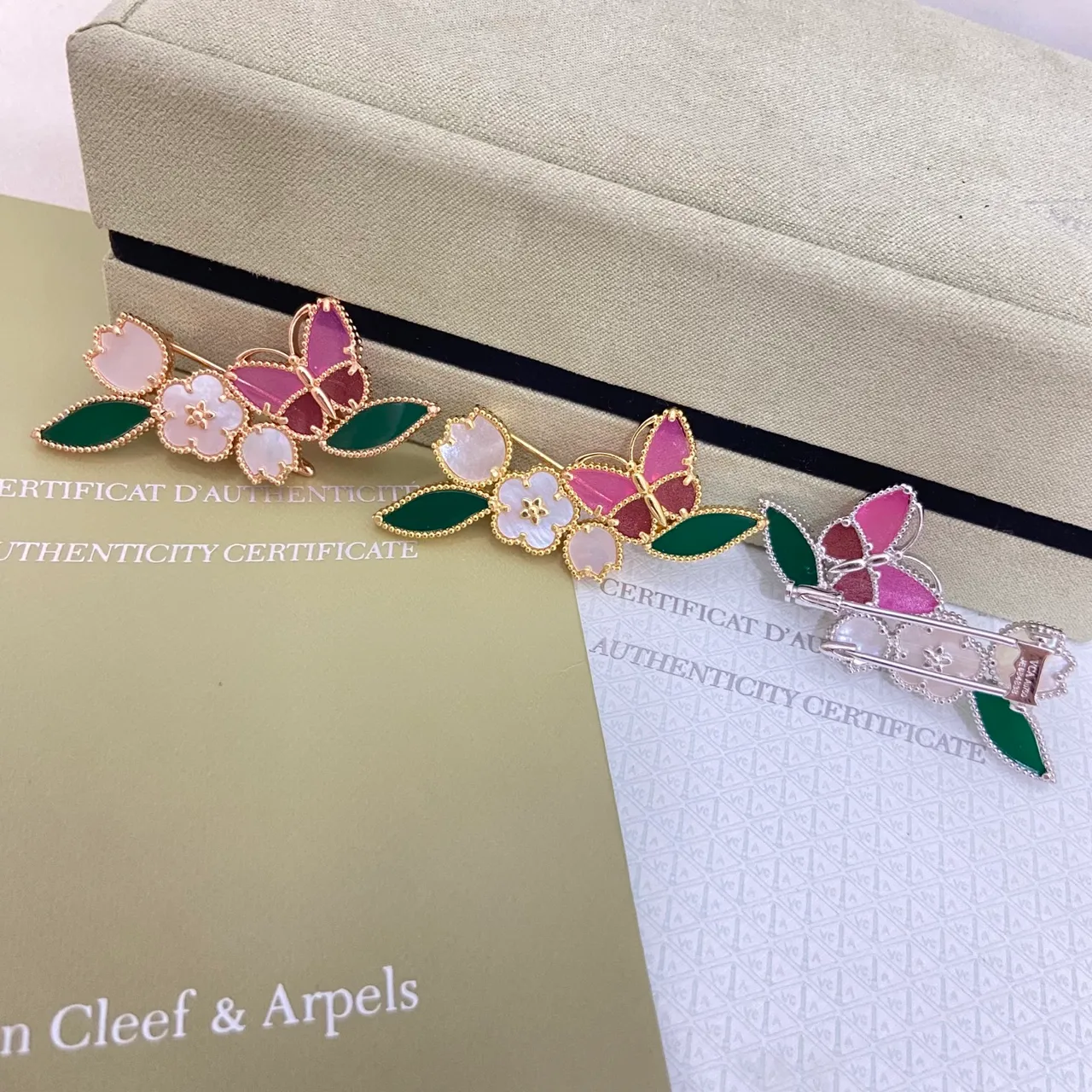 Van Cleef & Arpels Floral Butterfly Enamel and Mother-of-Pearl Brooches