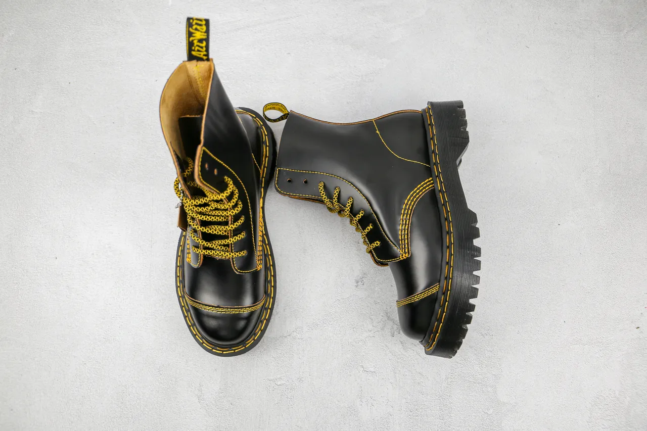 Dr. Martens Black Yellow Leather Contrast Stitching Martin Boots