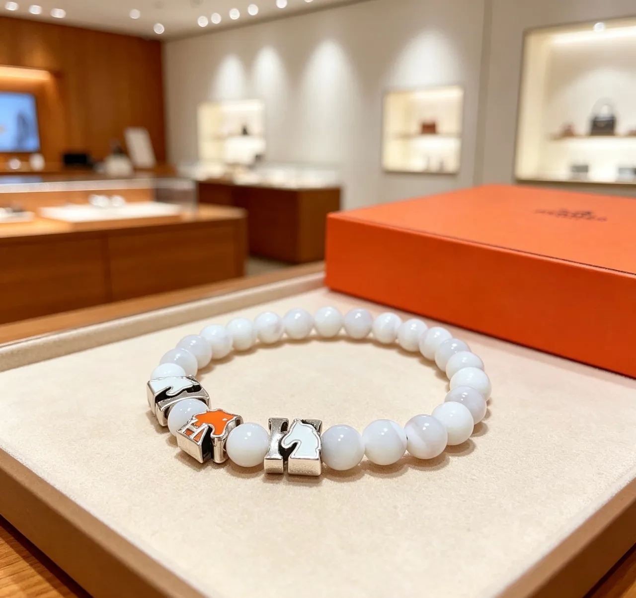 Hermès White Orange Beaded Enamel-Charm Bracelet