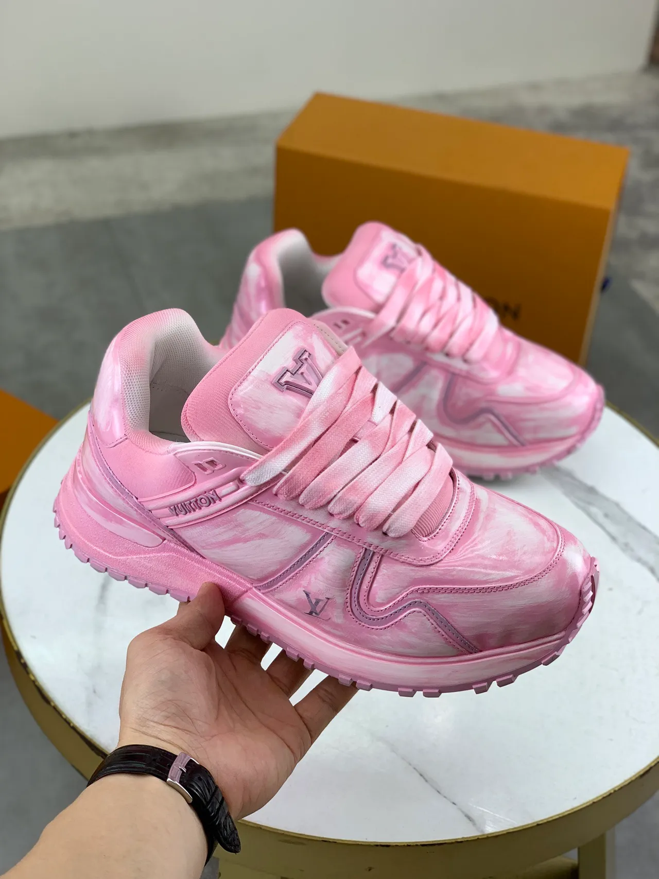 Louis Vuitton LV Trainer Pink White Marbled Sculpted Sole Lifestyle Sneakers