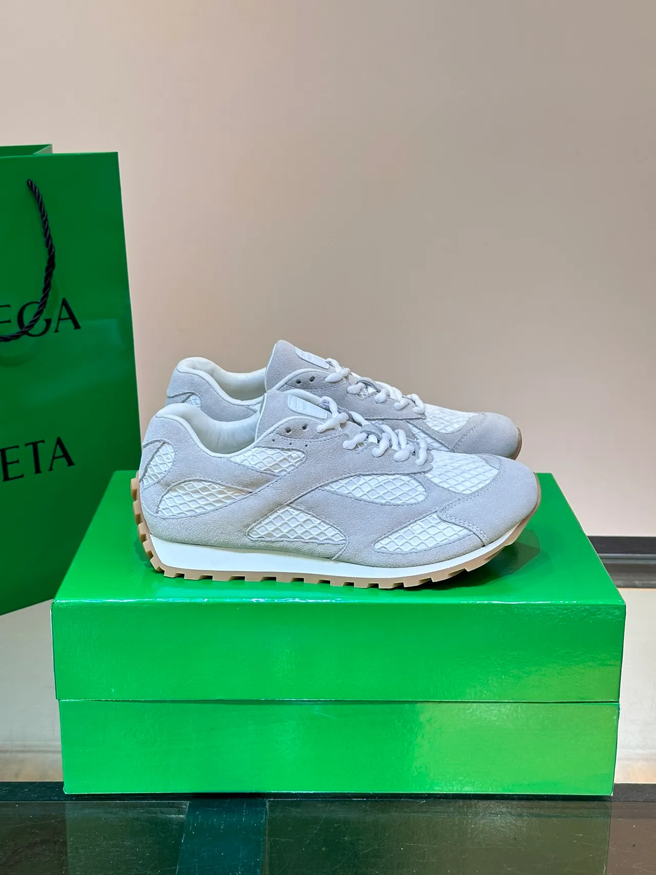 Bottega Veneta Gray White Suede Upper Intrecciato Quilted Panels Lifestyle Sneakers