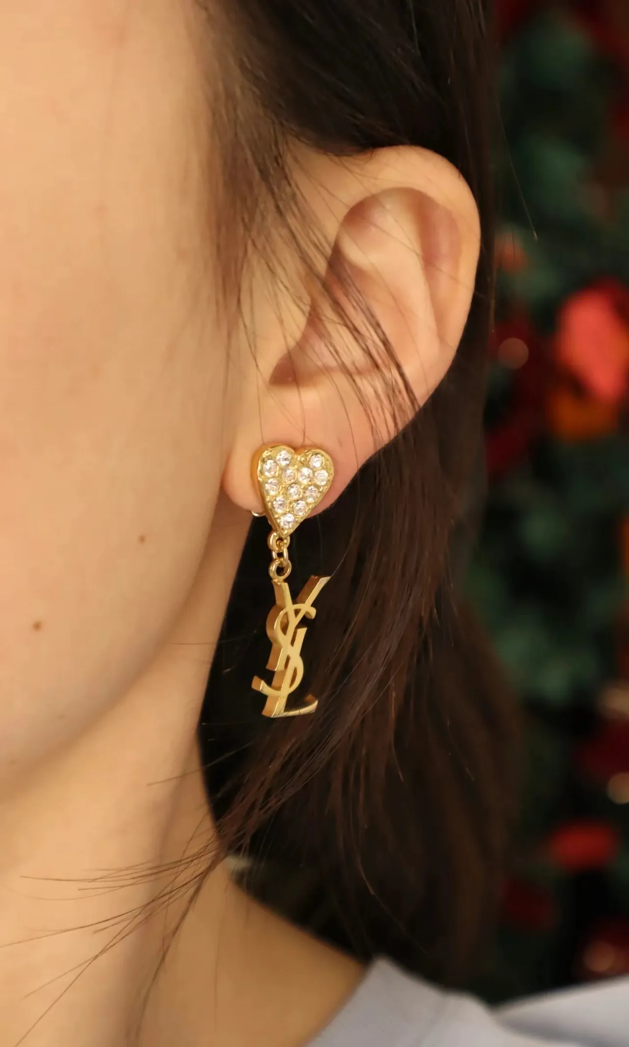 Saint Laurent Heart Crystal and Monogram Dangling Earrings