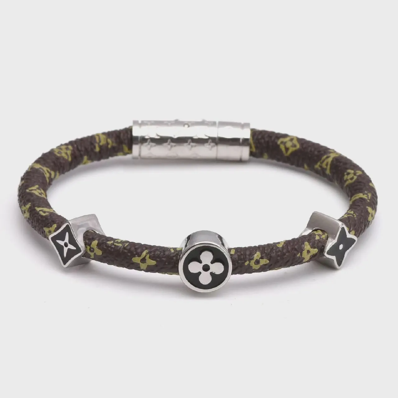Louis Vuitton Brown Gold Braided Monogrammed Cord Rotating Enamel Charms Bracelet