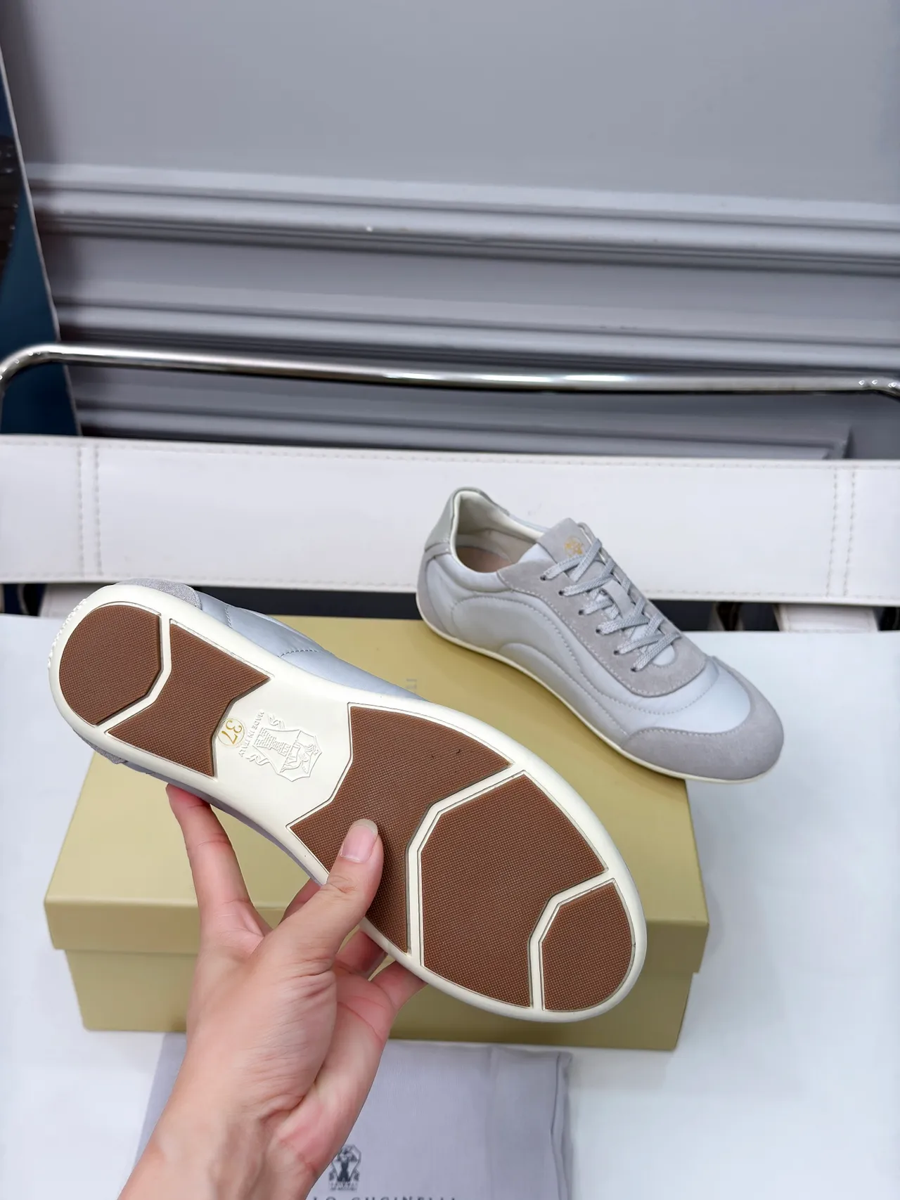 Brunello Cucinelli Gray Suede and Leather Low-Top Sneaker