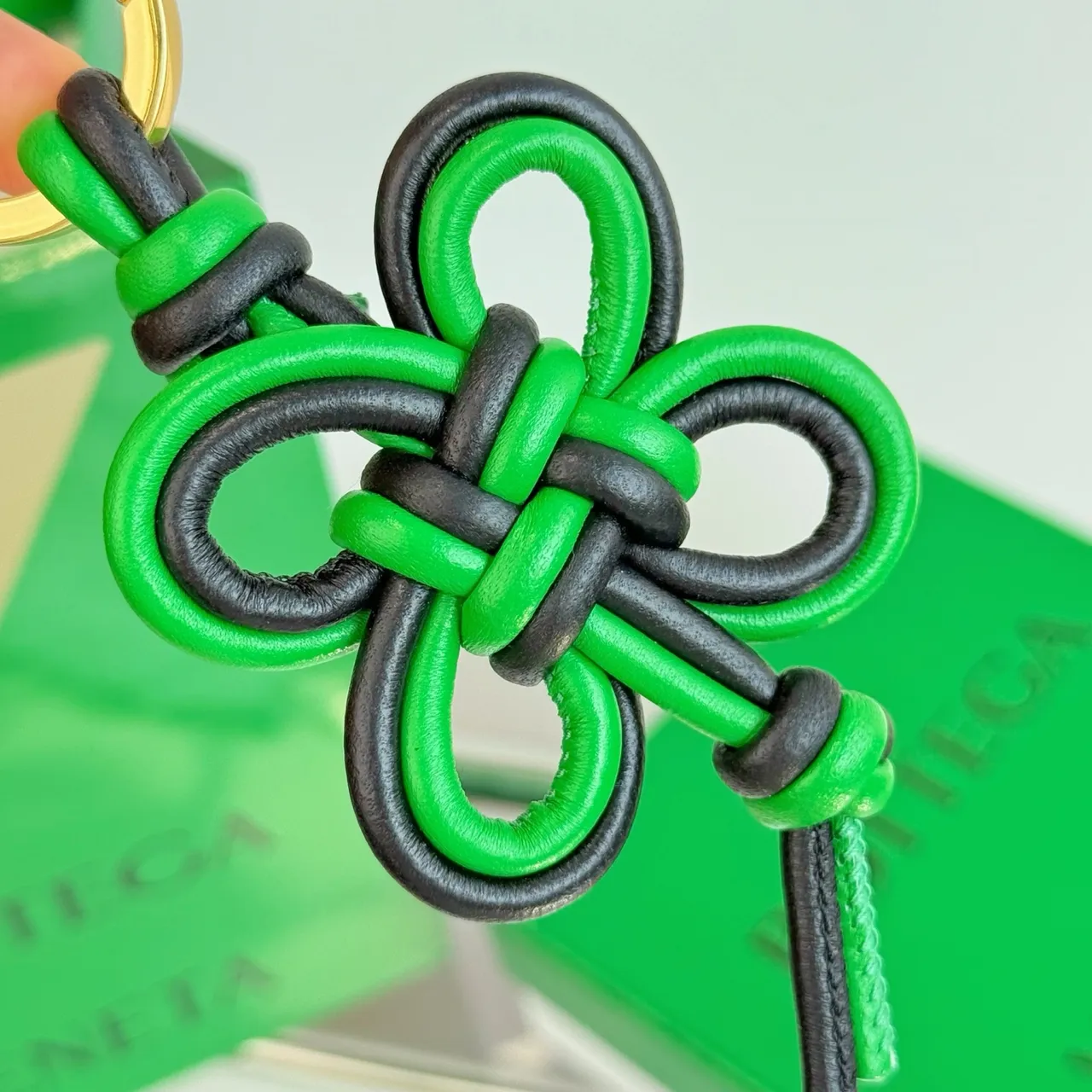 Bottega Veneta Knot Leather Keychain Green and Black Bracelet