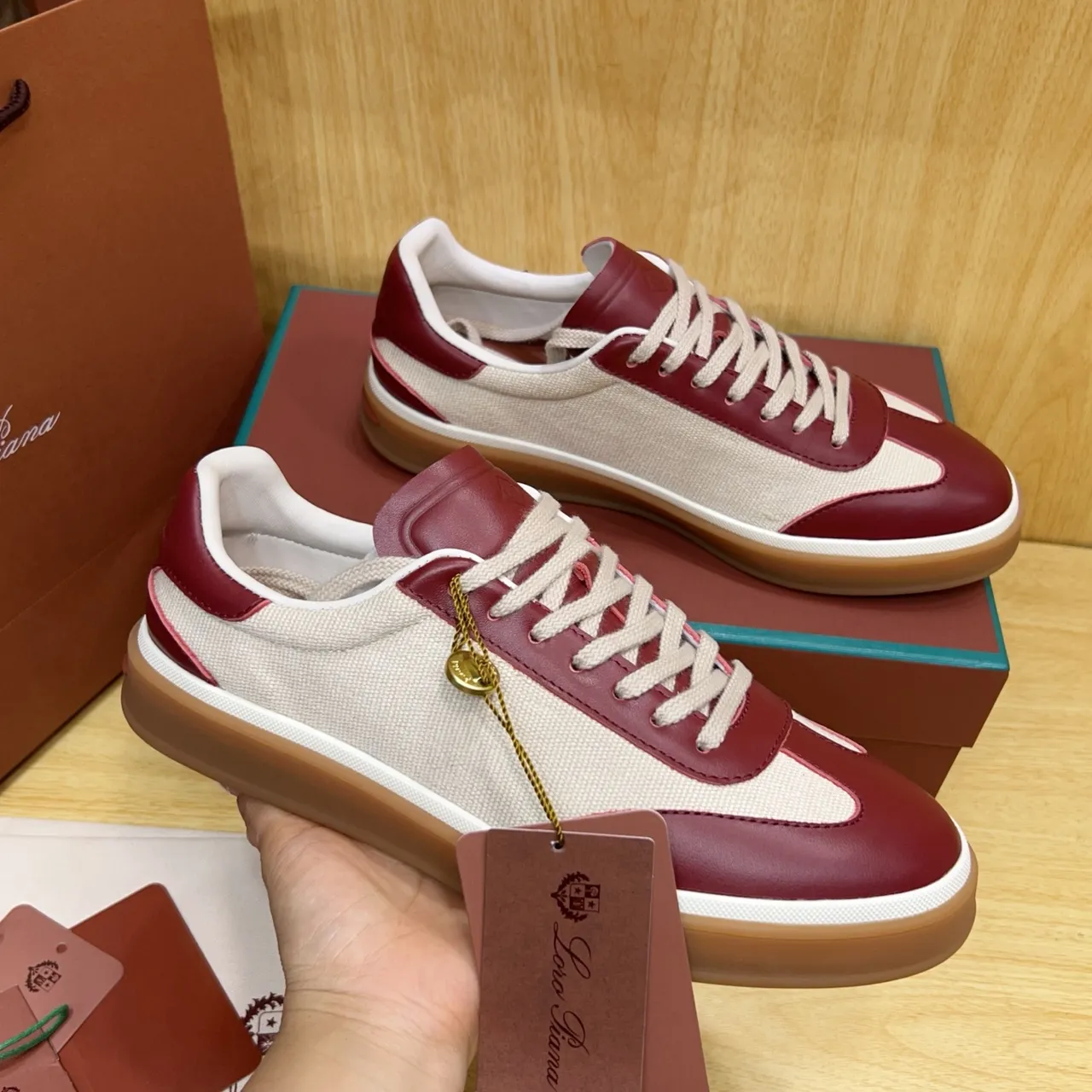 Loro Piana Two-Tone Leather-Canvas Burgundy and Beige Lifestyle Sneakers