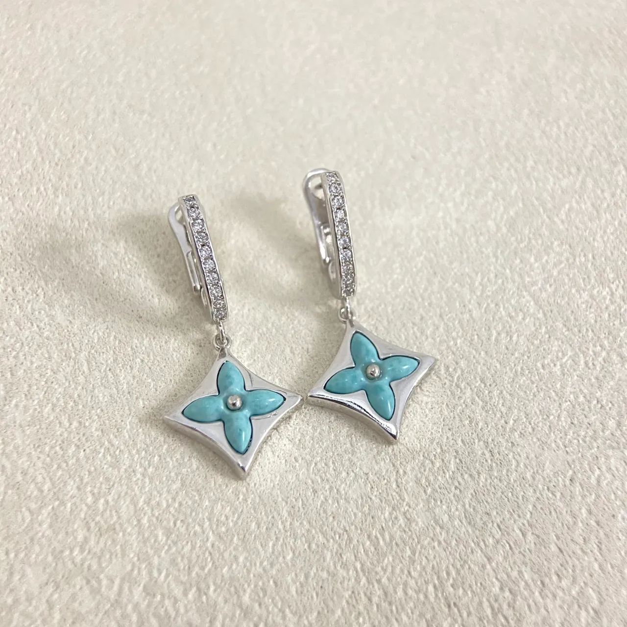 Enamel Floral Quatrefoil Clip-On Dangle Earrings