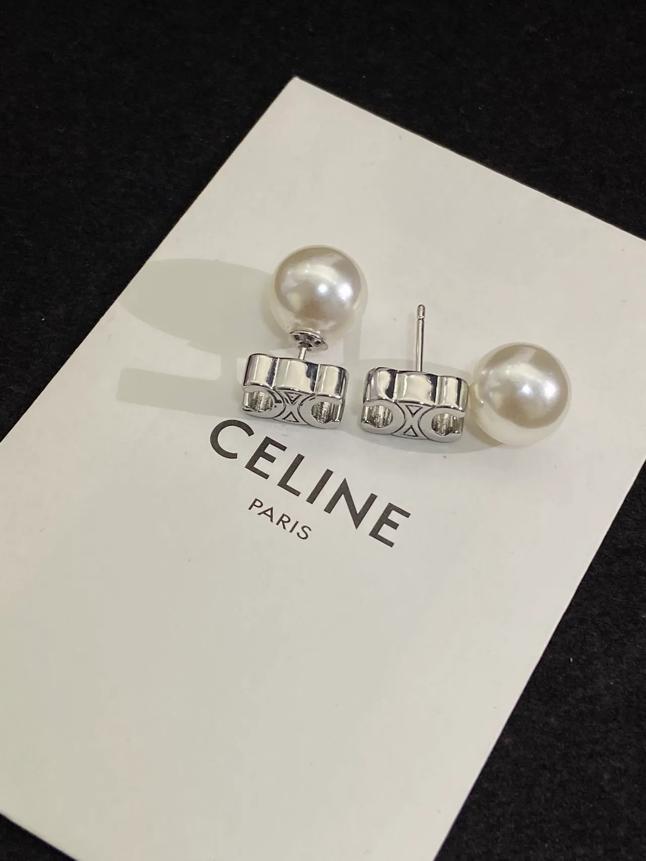 Celine White Silver Pearl Studs Geometric Base Earrings