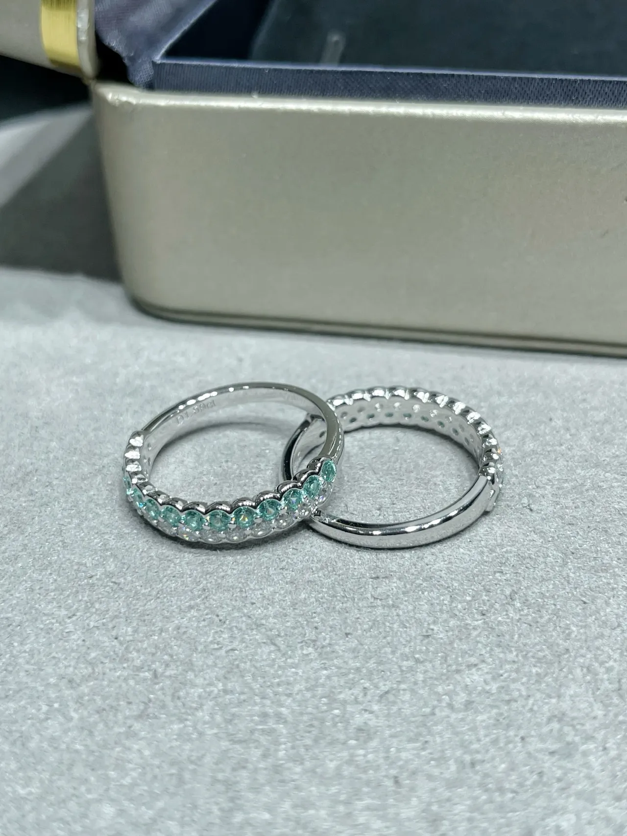 Silver-Tone Pavé-Set Teal and Clear Stone Stackable Eternity Rings