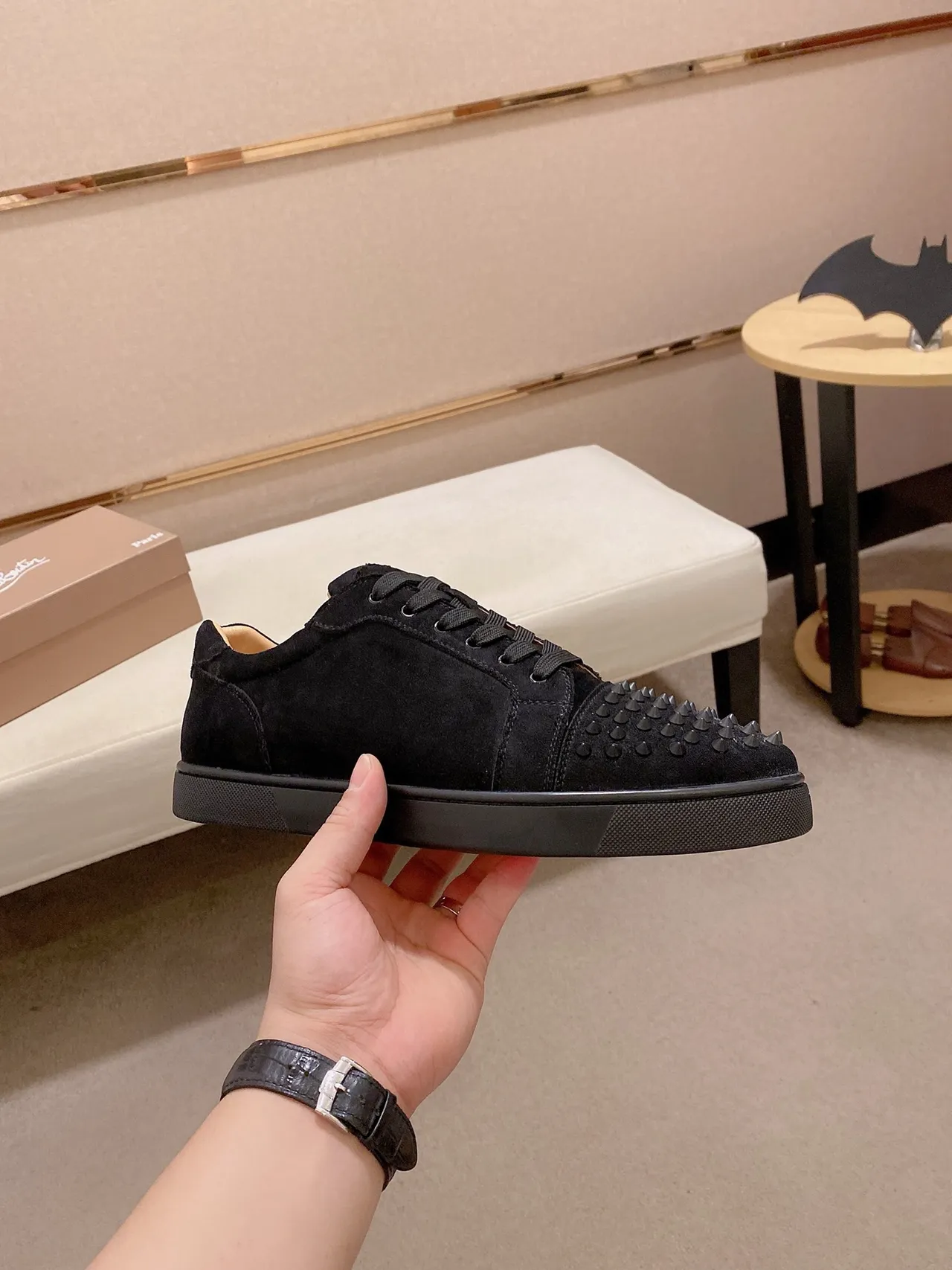 Christian Louboutin Black Beige Suede Upper Spiked Toe Cap Lifestyle Sneakers