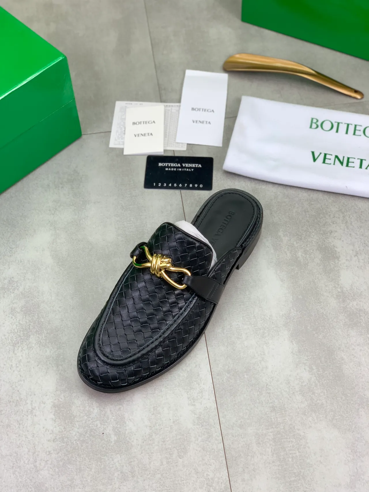 Bottega Veneta Andiamo Black Intrecciato Woven Leather Gold Horsebit Loafers