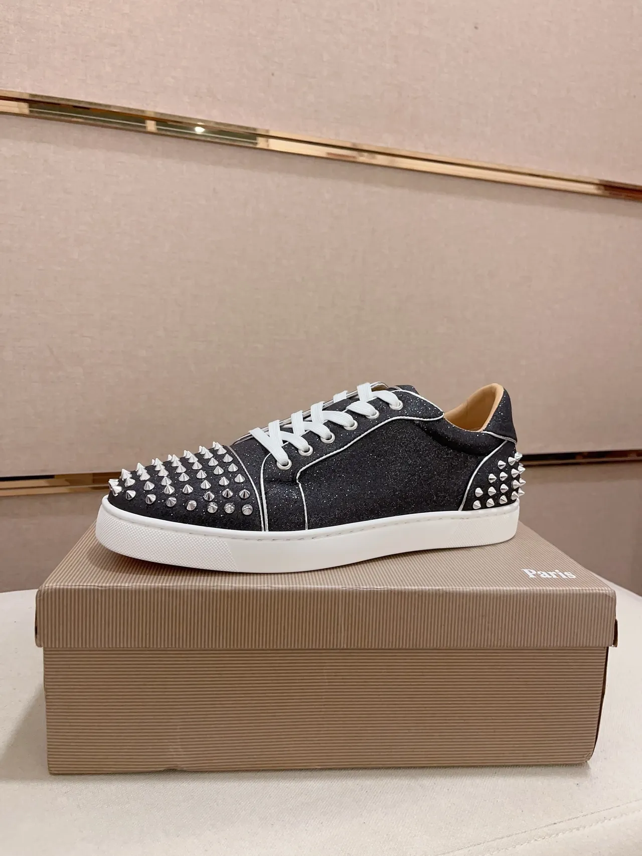 Christian Louboutin Studded Sneaker Black White Glitter Upper Conical Silver Studs Lifestyle Sneakers