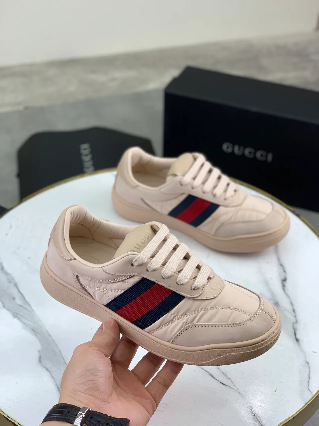 Gucci Beige Navy Quilted Leather Upper Web Stripe Side Panel Lifestyle Sneakers