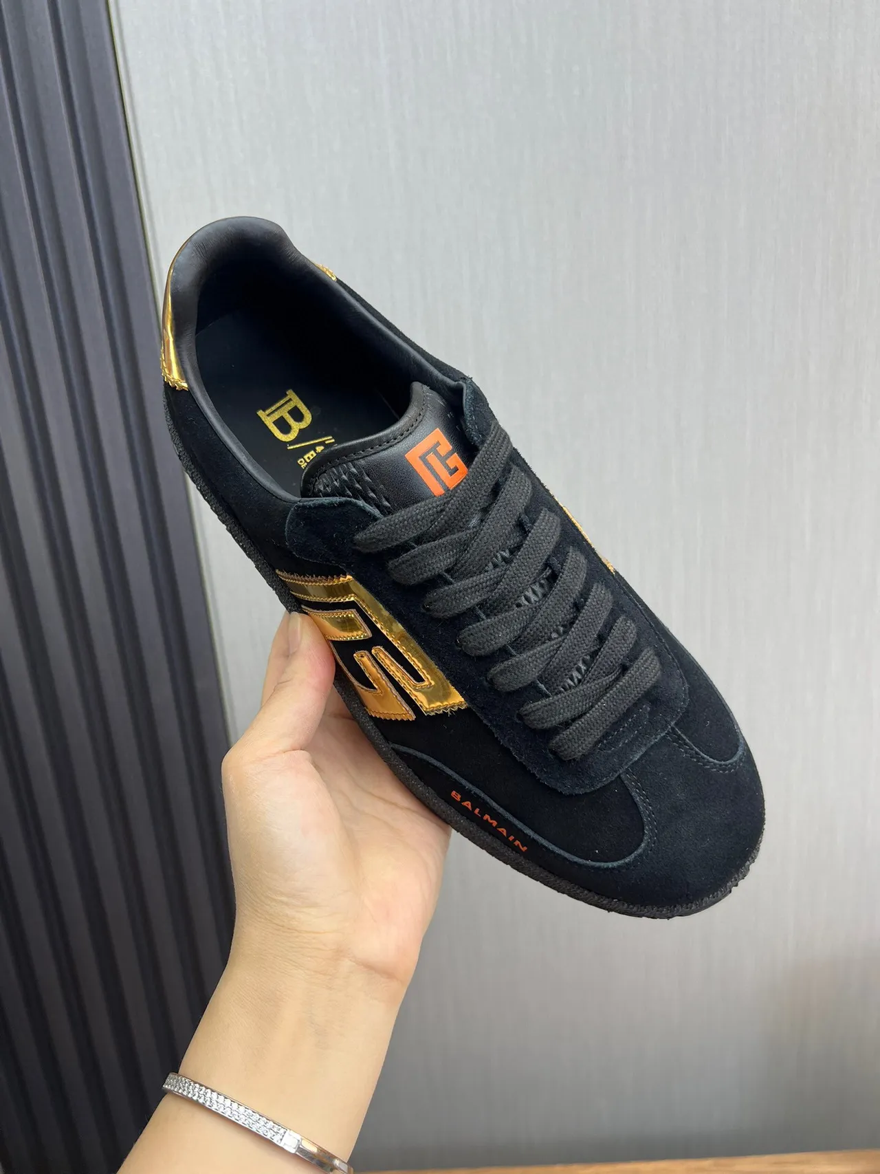 Balmain Black Gold Suede Upper Monogram Logo Lifestyle Sneakers