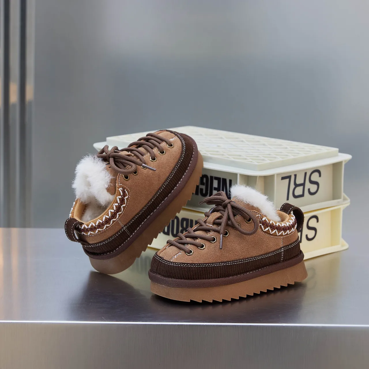 Brown Beige Platform Sole Plush Lined Snow Boots
