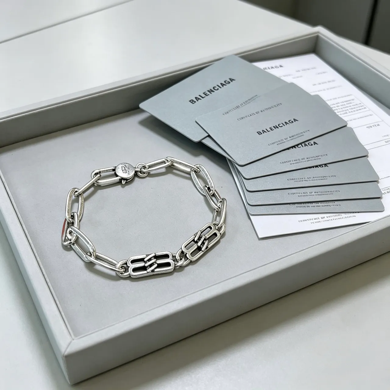 Balenciaga Logo Charm Chunky Link Silver Bracelet
