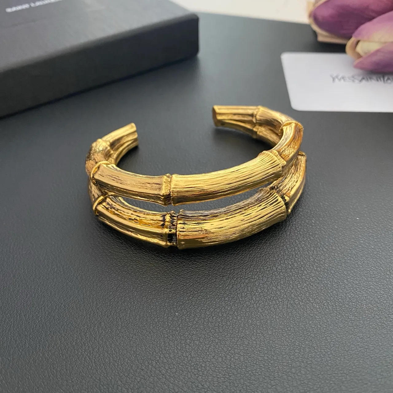 Saint Laurent Bamboo Open Cuff Gold Bracelet