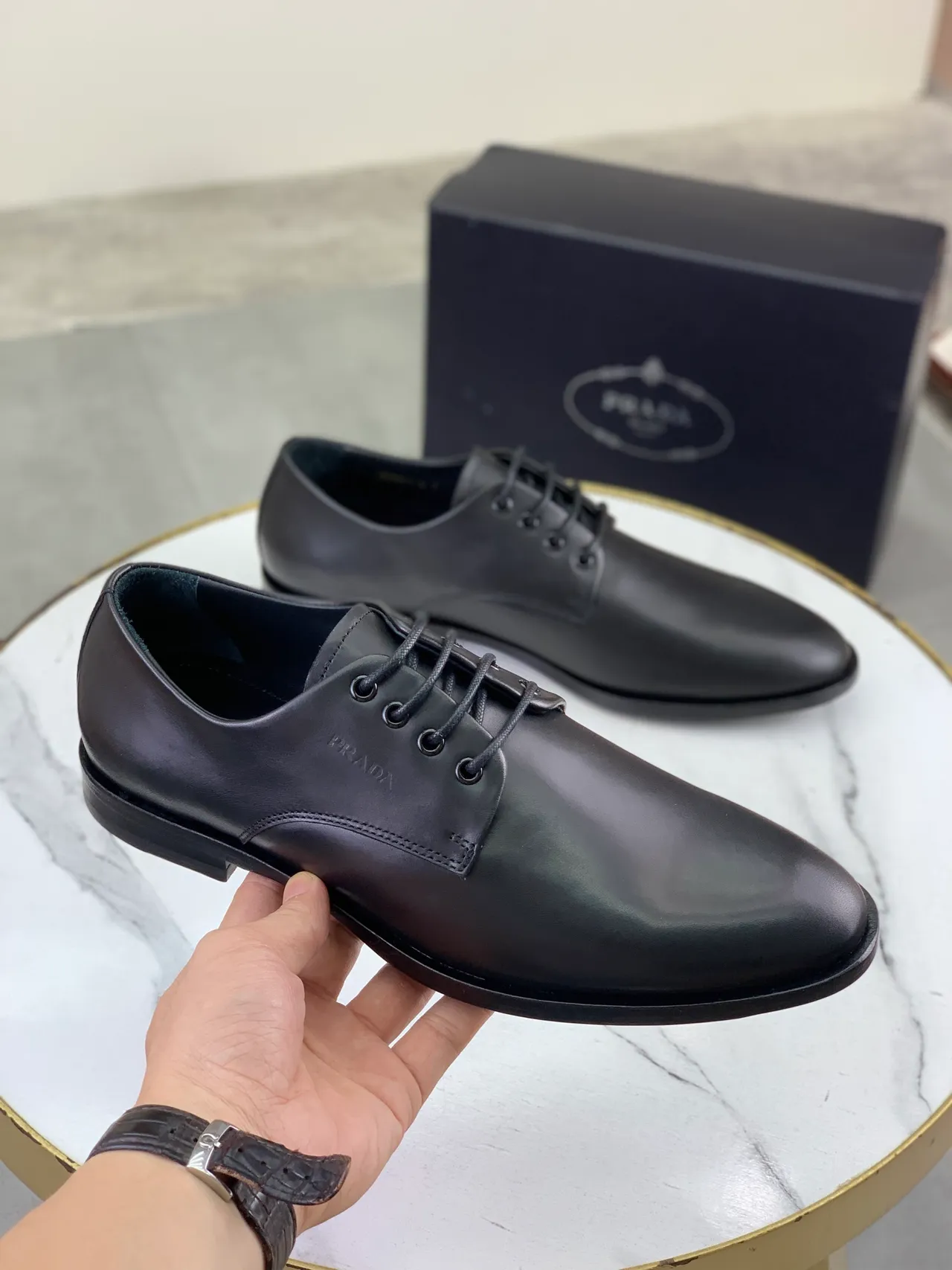 Prada Cap-Toe Smooth Leather Black Oxford Shoes