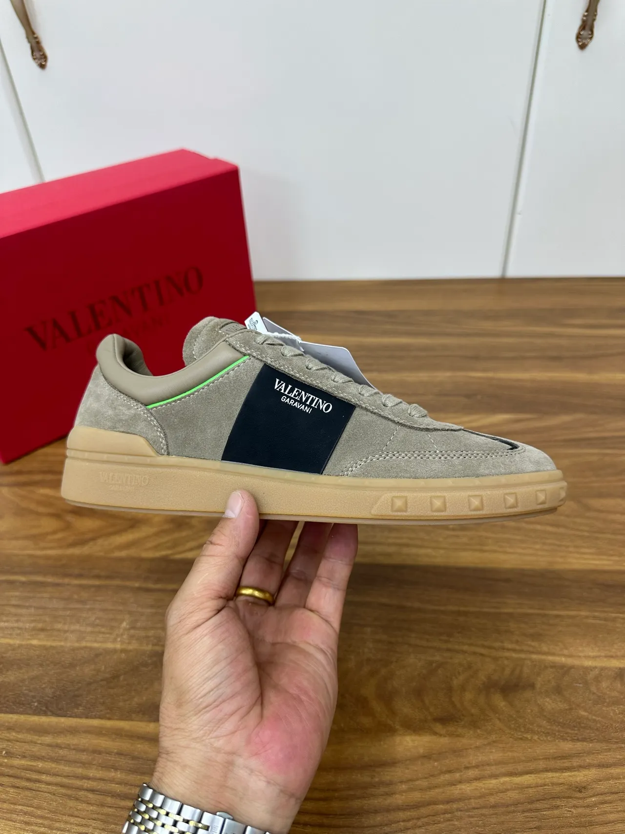 Valentino Beige Navy Suede Upper Side Stripe Lifestyle Sneakers