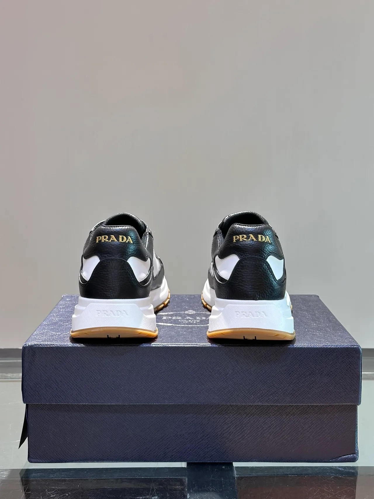 Prada Black White Leather Paneling Sculpted Midsole Chunky Sneakers