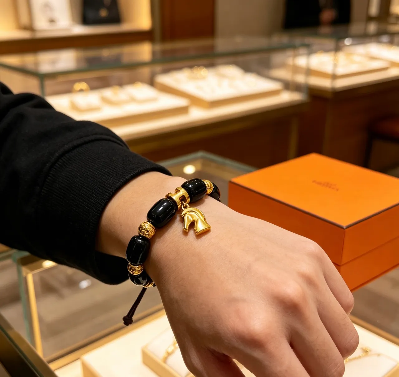 Hermès H and Horsehead Charm Black Gold Onyx-Style Beads Clasp Bracelet