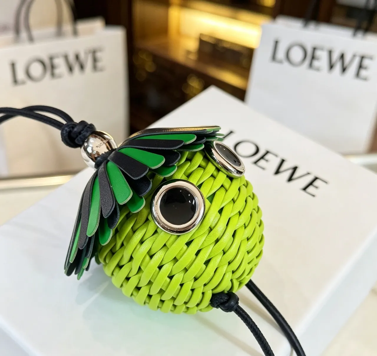 Loewe Green Black Woven Lime Sphere Fringed Cap Handbag