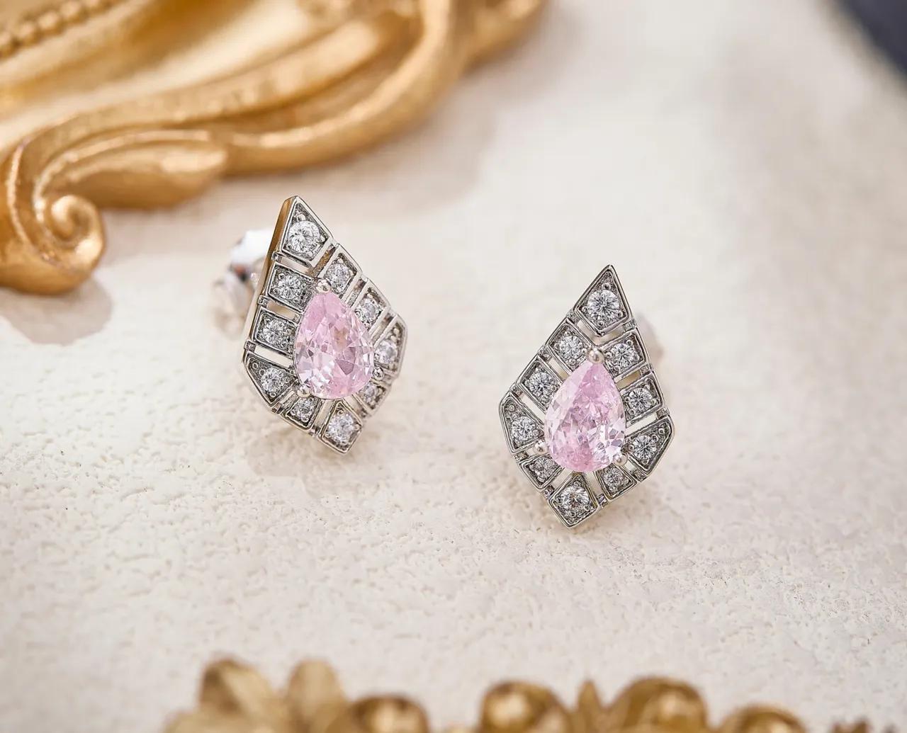 Pear-Shaped Pink Gemstone Geometric Halo Stud Earrings