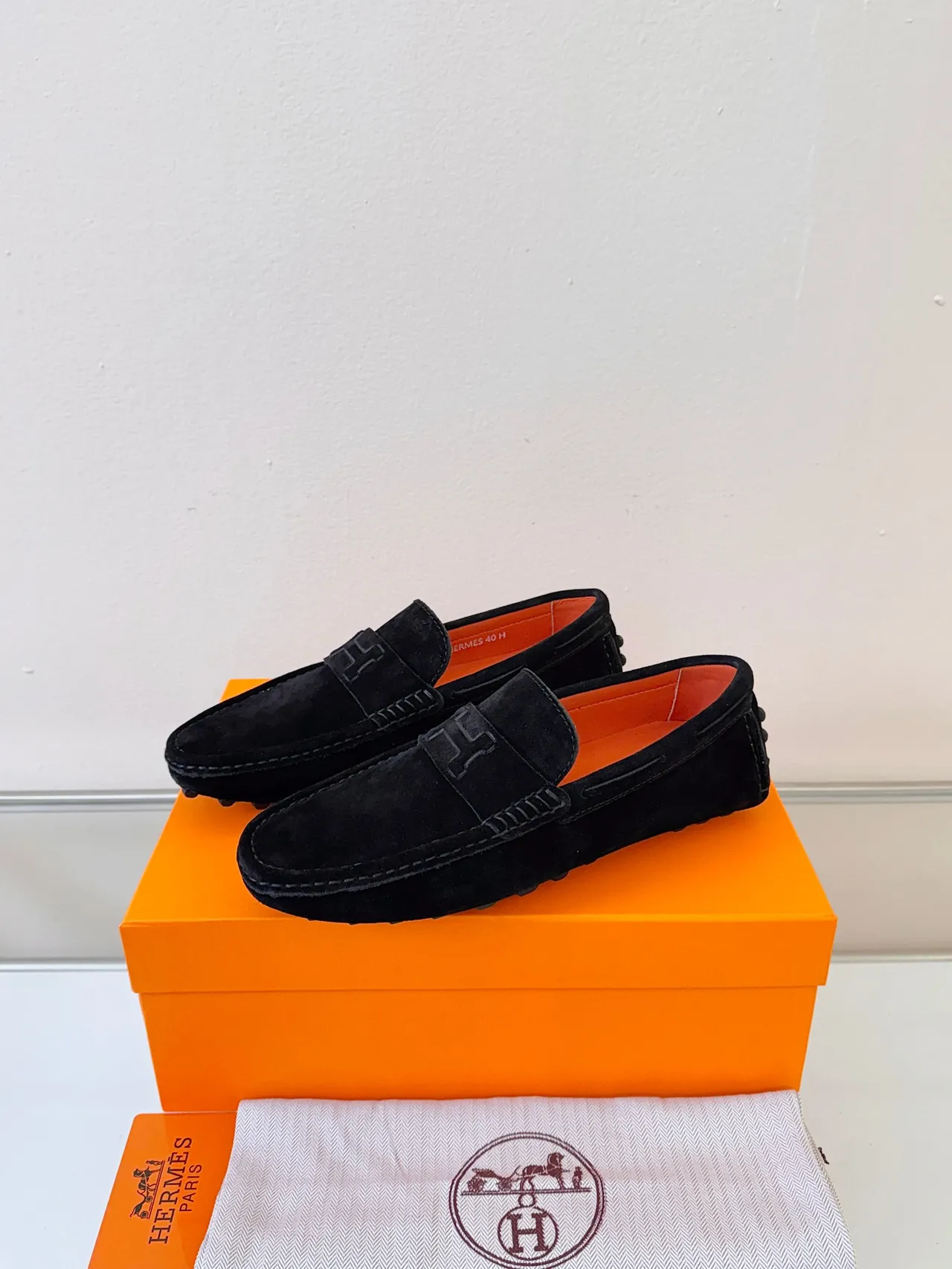 Hermès Oran Black Orange Suede Upper H-Logo Strap Loafer