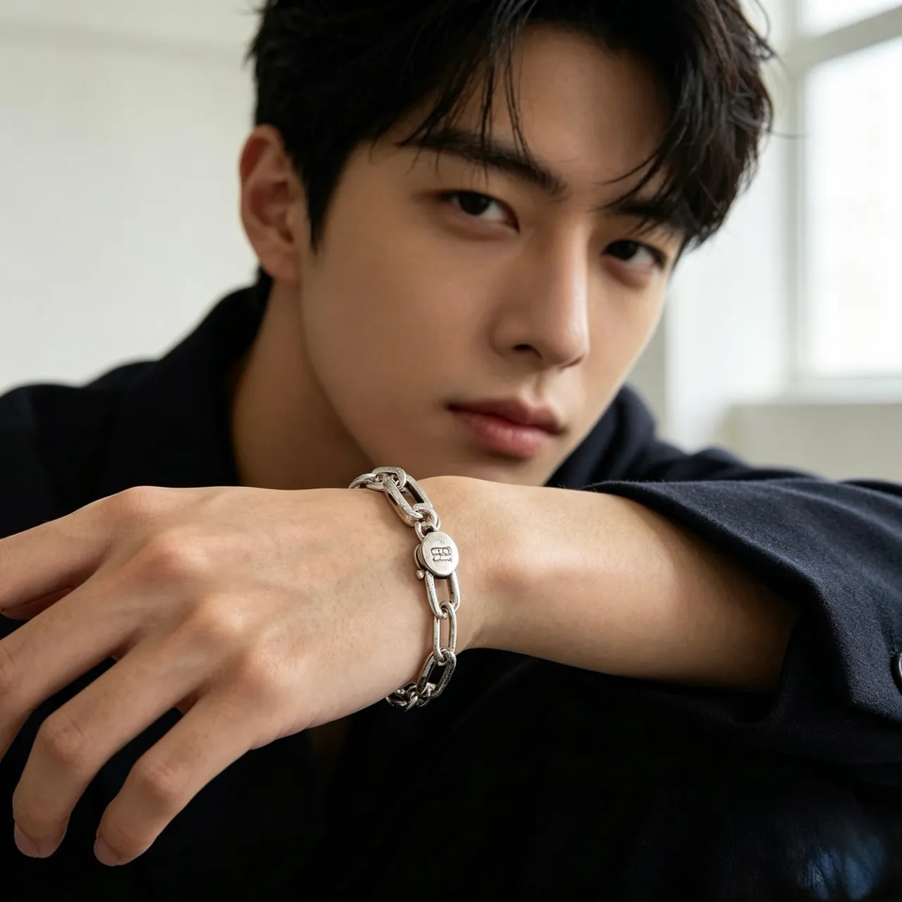 Balenciaga Logo Charm Chunky Link Silver Bracelet